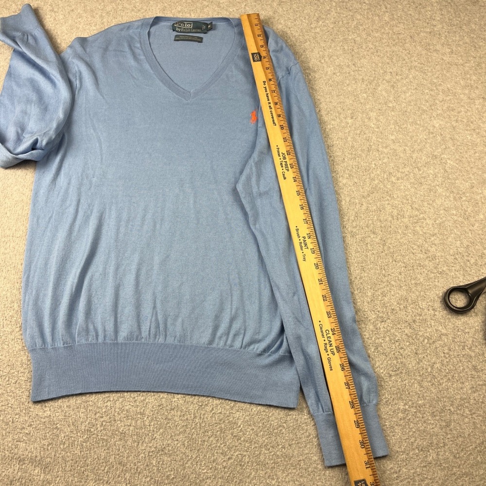 Polo Ralph Lauren Sweater Mens Medium Blue Pima Cotton V-Neck Orange Pony Logo - Picture 7 of 9